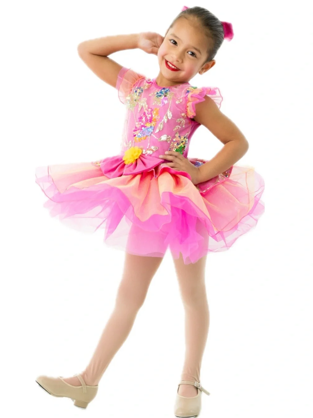 Girls Hot Pink Sequin Floral Embroidered Dance Dress Costume Size XL